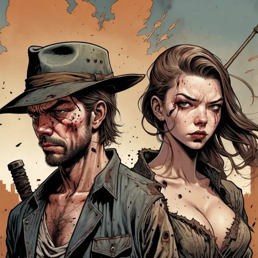 Prompt: Pulp-style three quarter profile color illustration of a man in hat and a woman who looks like anya Taylor joy in tattered post apocalypse dress, both with fighting staffs, many panels comic book style, GTA-inspired background, detailed facial features, dramatic lighting, high quality, urban setting, emotional gaze, near tears, weeping