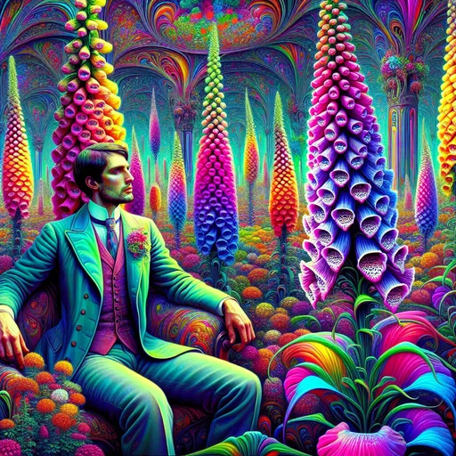 Prompt: Surrealism scene, (psychedelic), (pop art) style, a handsome man in a vibrant greenhouse, overflowing with (colorful foxglove plants), (colored inks) creating a dreamlike atmosphere, playful and vivid color combinations, whimsical shapes, softly diffused lighting, lush greens and vivid floral hues, (ultra-detailed), engaging background filled with surreal designs and imaginative elements that entice the viewer.