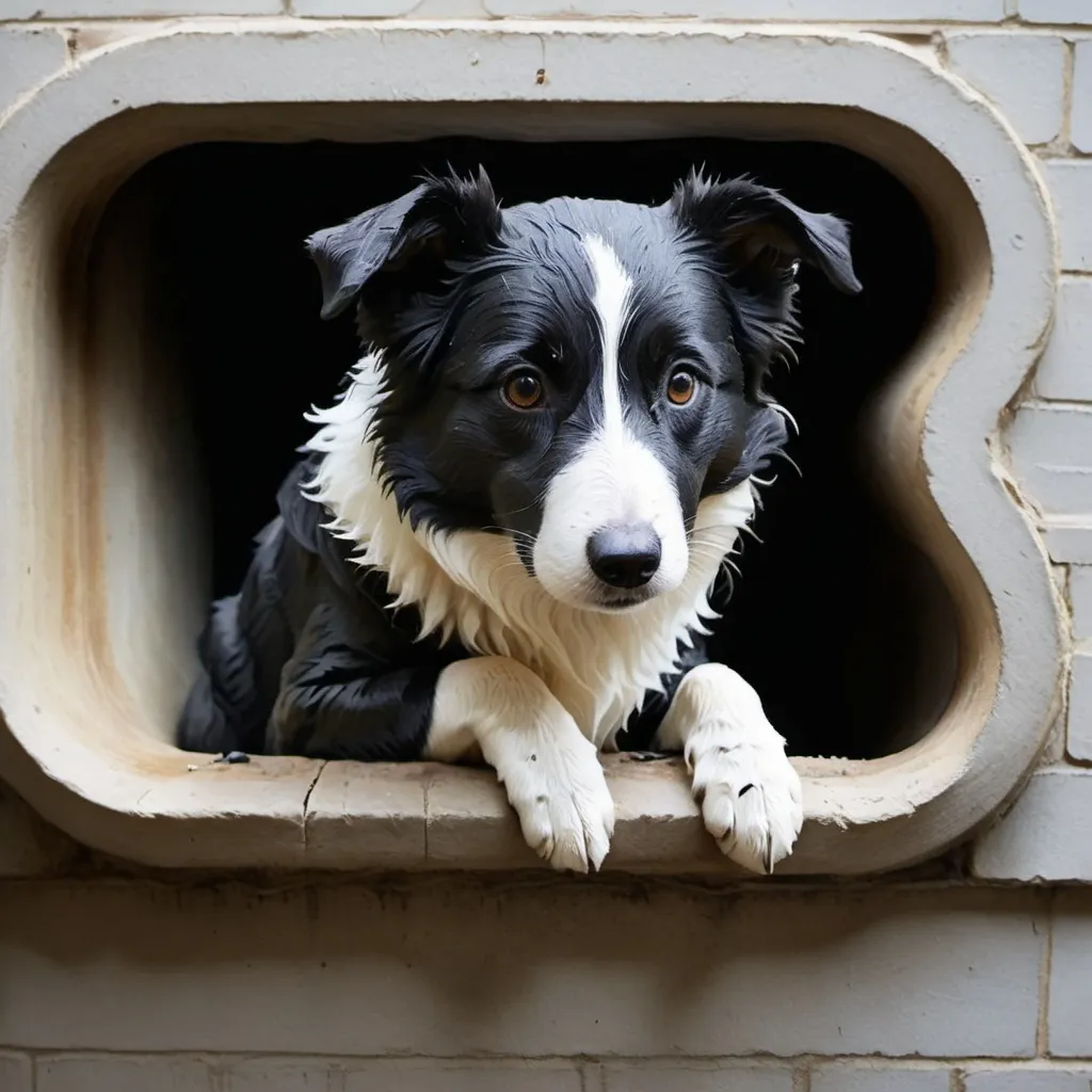 Prompt: (black and white) Border Collie, (pointy ears) peeking through a drainpipe, detailed fur texture, expressive eyes, intriguing environment, shadows casting dramatic lines, urban setting, (high quality) realistic tones, (cinematic depth), vivid contrast between light and dark, captivating atmosphere, adding a sense of mystery and surprise.