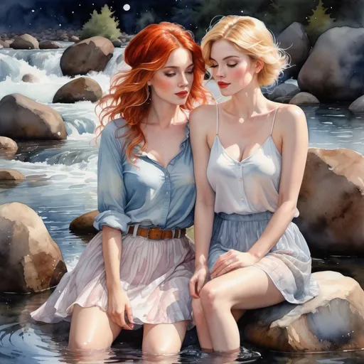 Prompt: Watercolor painting of two pale 35 year old fully grown women, romantic, lesbian, they do not look alike. one is taller with red hair, the other is blonde and wears a beret. It is nighttime, the sky is filled with stars and moon. They are sitting on submerged rocks in rushing river, Steve Hanks style, UHD facial features, dynamic watercolor, transparent short skirts and colorful tops,  sitting on river rocks, river foam, detailed bodies, water splashing , high quality cover girls, detailed watercolor, wild river, transparent clothing, dynamic water flow, realistic, romantic, artistic, natural night lighting
