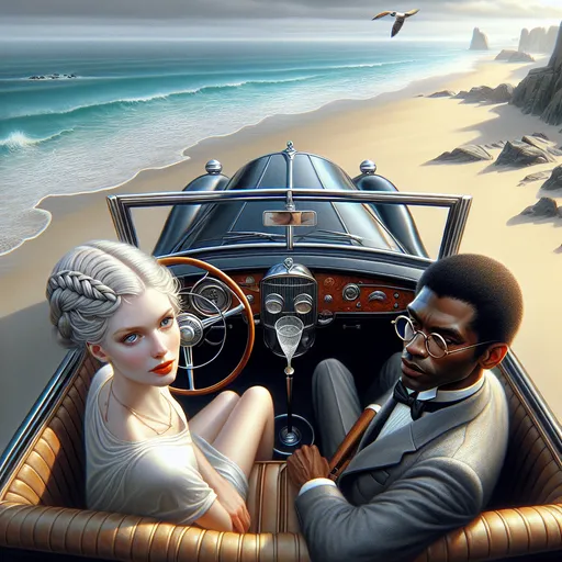 Prompt: Aerial downward view of man and woman in car. Slim woman with pale silver blonde -colored french braid sitting in seat of vintage convertible adjacent to bespectacled boyfriend, she wears very short miniskirt visible, abstract expressionism, full body, professional digital painting, hyperrealistic, figurative art, deserted beach, game-rpg fantasy style, professional, detailed hair, hyperrealistic, scenic ocean view, dynamic lighting, highres, figurative art, professional digital painting