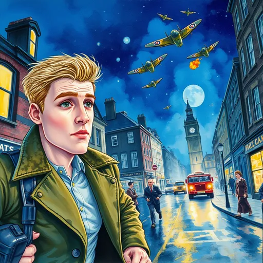 Prompt: Watercolor, gauche, mixed media,  surreal, third person gameplay, (British man), blond hair, pale skin, hazel eyes, (running motion), bombed neighborhood, rainy streets of 1940s London at night, (bright colors), (blue atmosphere), cartoony style, (vivid details), intricate painting of the Blitz (spitfire fighters in sky) (explosions), (dynamic action), dramatic lighting, ultra-detailed, engaging composition, emotionally evocative scene.