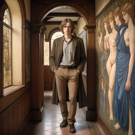 Prompt: (full body) man with (pale brown hair), dressed in the style of (Burne-Jones), looking over his shoulder in a picturesque (hallway), inspired by M.C. Esher, painted in the ethereal (Milo Manara) style, adorned with (artworks) depicting (Burne-Jones’ art) on the walls, warm ambient lighting, intricately detailed, enchanting atmosphere, (4K) quality, cinematic masterpiece.