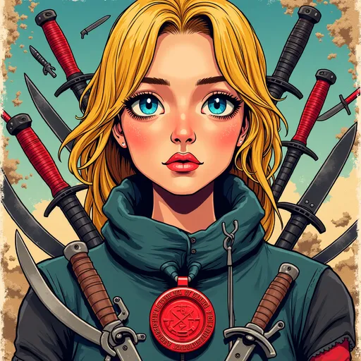 Prompt: Post-apocalyptic (female figure) with blonde hair and striking blue eyes, surrounded by an array of (knives, swords, and blades), with aged (maps) scattered around, wearing a proud (red war medal) around her neck, inspired by Derek Gores and Tristan Eaton, illustrated in vibrant (pop art) style, rich in contrasting colors, atmospheric depth, and edgy details, capturing a (dystopian) ambiance. 