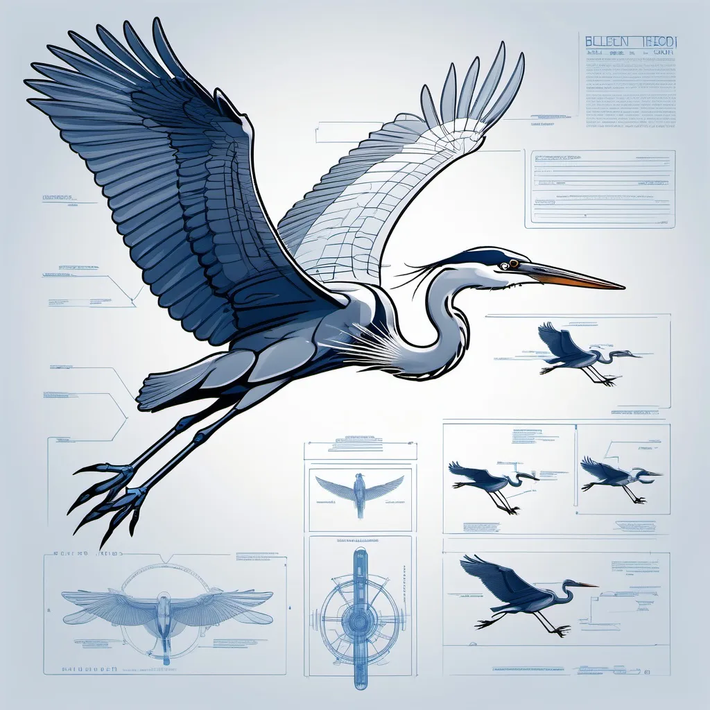 Prompt: Technical blueprint sketch of a flying blue heron) , detailed line art, precise measurements, innovative design elements, various angles and components, clean layout, intricately labeled parts, minimalist style, monochromatic scheme, high-quality illustration, ideal for product conceptualization, suitable for professional presentations.