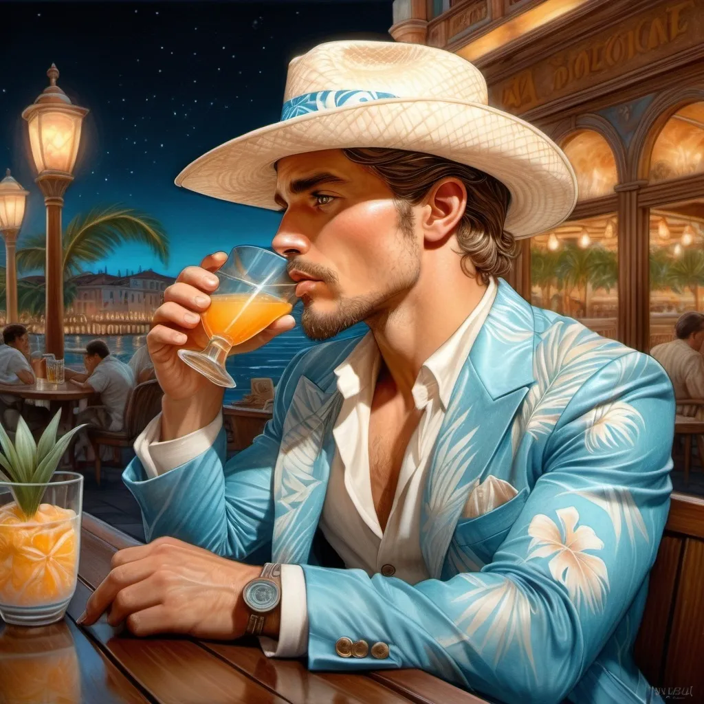 Prompt: Graphic pencil drawing. Venice. Cafe. Night. A handsome stylish blue eyed Caucasian man 30s wearing Hawaiian straw hat and a white tropical suit, sipping a drink at a Hawaii cafe. He is in profile, side view, looking for threats, wary and suspicious. Style of Gustavo Moreau,  hyper detailed, detailed face, wary detailed eyes, 8k, symmetric, complimentary colors, heavily detailed, ultra sharp focus, elegance, majestic, masterpiece, complex, elegant, expansive, fantastical, Essence, golden ratio, , cinematic lighting, beautiful landscape, volumetric lighting, concept art, unreal engine 5, perfection, rich deep colors, Rim Lighting, Soft Lighting colorful pencil drawing, bold strokes.
