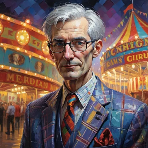 Prompt: very thick Impasto, carnival,  impressionism Portrait of a tall, slender man  with short gray hair, glasses,  plaid suit, thick impasto, impressionism, circus setting,, vibrant colors, dynamic lighting, game-rpg fantasy style, detailed features, expressive brushstrokes, detailed background, professional, highres, vibrant colors, dynamic lighting, circus ring, fantasy portrait, thick impasto, impressionism, detailed features