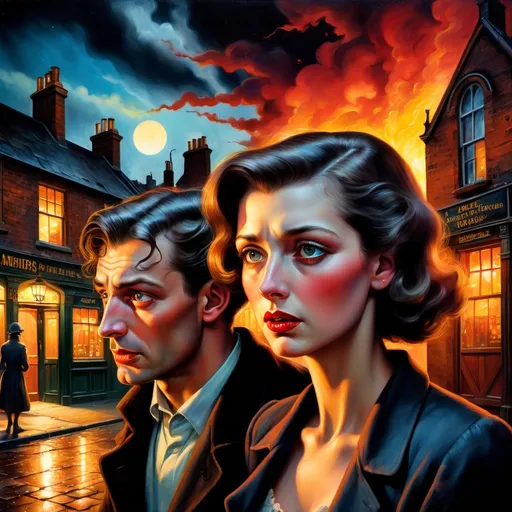 Prompt: (surrealism style closeup portrait ), vibrant color scheme, (1941 London), shadowy streets at night, CLOSEUP on a worried man and a worried women (highly detailed facial features) outside a quaint pub, search lights streaking through a tumultuous sky, vivid explosions lighting the dark atmosphere, bombed and ruined structures surrounding the scene, (dramatic), chaotic ambiance, high contrast between shadow and colorful explosions, (ultra-detailed), evocative imagery, sense of urgency and dread.