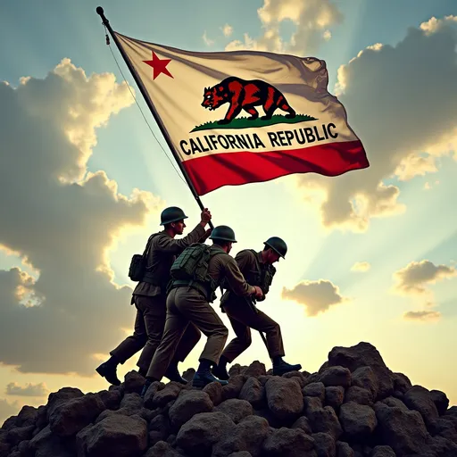 Prompt: Four soldiers (heroic stance), rigorously lifting the California flag, accurate lettering on flag reads “ CALIFORNIA REPUBLIC” World War II, Iwo Jima iconic background, tense atmosphere, dramatic clouds casting shadows, vibrant colors highlighting the flag, realistic details on soldiers' uniforms and expressions showing determination, intense dedication, historical significance, ultra-detailed, high-quality 4K image.