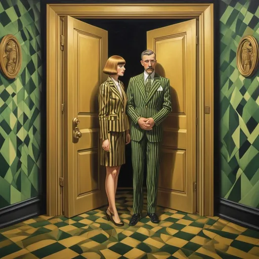 Prompt: (Art deco style), a captivating (full body) scene featuring (a sad man in a striped suit ) of M.C. Escher-inspired optical illusion, and a beautiful sad Caucasian woman with (light brown bangs hair) stares at a (framed oil painting of a gold door) Green and black and gold tones, (woman wearing a very short satin miniskirt with gloves) in an ornate museum (warm color scheme), emotional man and (woman with perfect legs), intricate and flowing patterns, delicate curves, reminiscent of Milo Manara's art, high detail, enchanting atmosphere, silver light illuminating the soft textures, serene but visually complex background, ultra-detailed masterpiece.