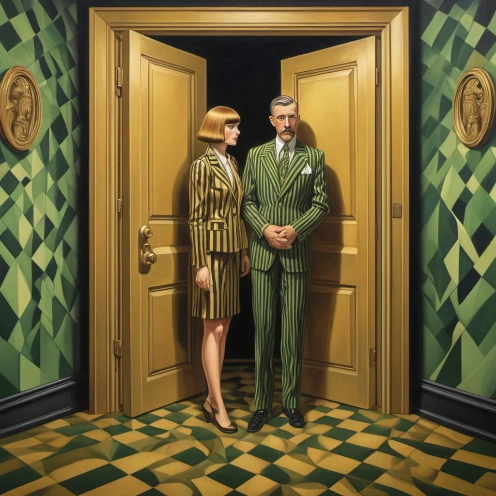 Prompt: (Art deco style), a captivating (full body) scene featuring (a sad man in a striped suit ) of M.C. Escher-inspired optical illusion, and a beautiful sad Caucasian woman with (light brown bangs hair) stares at a (framed oil painting of a gold door) Green and black and gold tones, (woman wearing a very short satin miniskirt with gloves) in an ornate museum (warm color scheme), emotional man and (woman with perfect legs), intricate and flowing patterns, delicate curves, reminiscent of Milo Manara's art, high detail, enchanting atmosphere, silver light illuminating the soft textures, serene but visually complex background, ultra-detailed masterpiece.