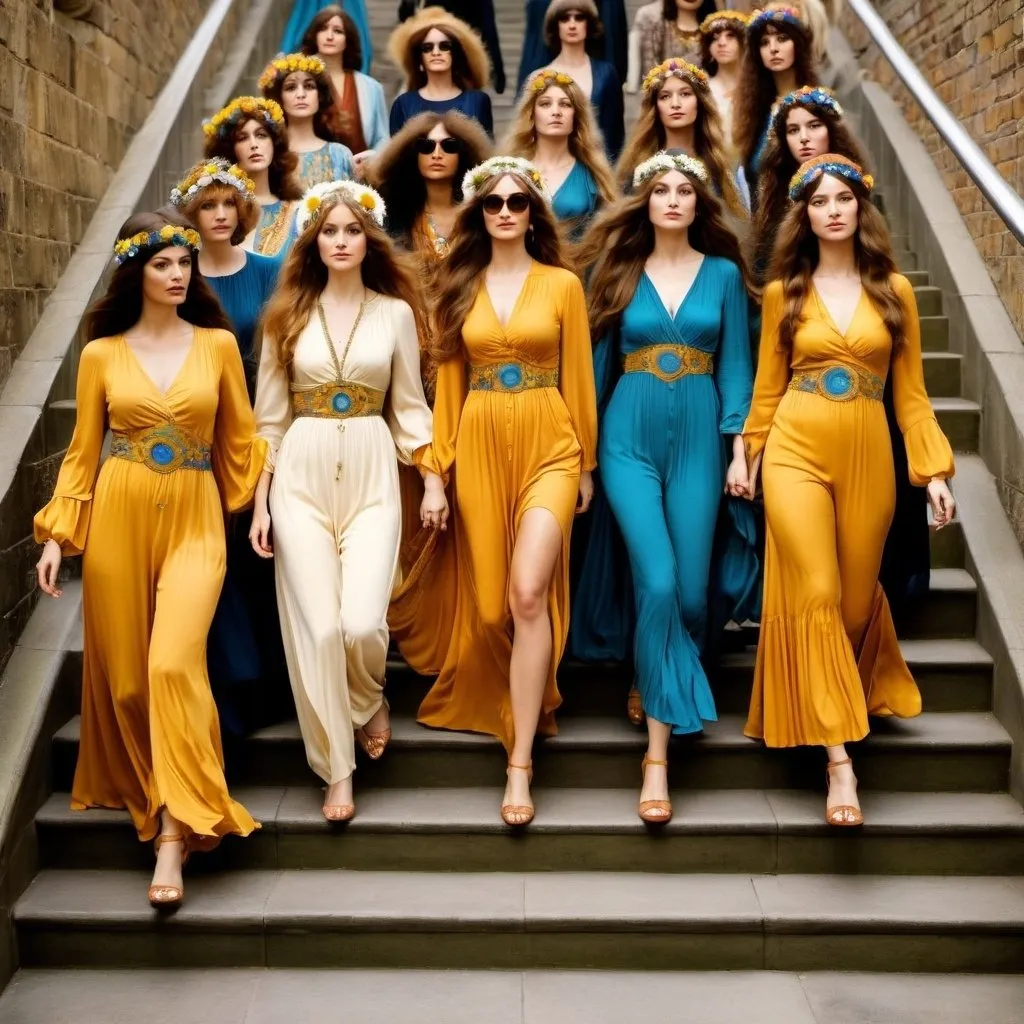 Prompt: In the style of Edward Burne-Jones painting The Golden Stairs, many women dressed as 1960s hippies descend a staircase.