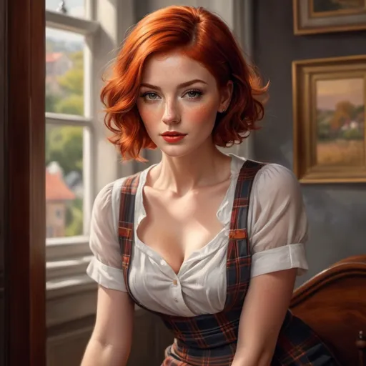 Prompt: professional illustration; brush stroke, a beautiful woman, 30s,  short red hair, freckles, Scottish complexion, very short miniskirt invites you in, academic americana, highly detailed eyes, meticulous linework, (chiaroscuro), light and shadow, masterpiece 8k HDR, great legs.