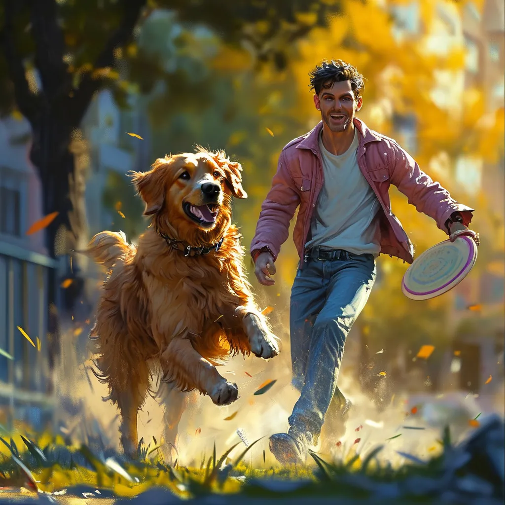 Prompt: (2D) graphic novel illustration, (dramatic) dark colors, detailed figures, retro style, dynamic action scene, mid-shot of a 21-year-old man joyfully playing with a large golden retriever, the man holds a frisbee high, the dog leaps energetically to catch it, playful atmosphere, evocative expressions, finely shaded textures, immersive storytelling elements.