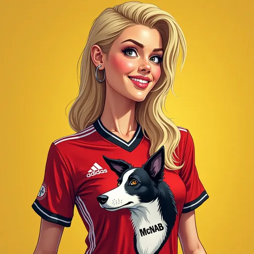 Prompt: productive pop art, on the football jersey of a tall cartoony beautiful blonde woman, we see the image of a (skinny pointy eared black and white border collie face) with the bold lettering stating [DASH McNAB], lighting casts soft, UHD, detailing --ar 9:16 --quality 2 --style raw --v 6.1