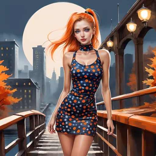 Prompt: 4k, high resolution, detailed, mixed media, colored inks, gouache, watercolor, dramatic, expressionism, pretty silver high ponytail hair woman walks over bridge, profile angle, autumn, street light, blue eyes, thick high ponytail hair, headband, small smile, midriff, orange cute polka dot minidress reveals legs ,focus on legs, long necklace, turtleneck, high heels, close up,   detailed eyes, dramatic expression, autumn bridge, , professional, fashion , red and orange themed photo, polka dot minidress 