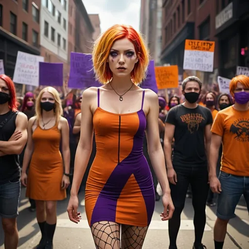 Prompt: A slender pretty messy chin length multicolored red and blonde and purple hair woman in a very short orange dress and black spiderweb tights, surrounded by political protesters, vibrant color scheme, fantasy style, high depth cinematic masterpiece, intense and dramatic lighting, vivid and bold hues, emotional intensity, protesters holding signs with powerful messages, city street background with dynamic energy, (atmospheric tension), ultra-detailed, 4K, photorealistic quality.