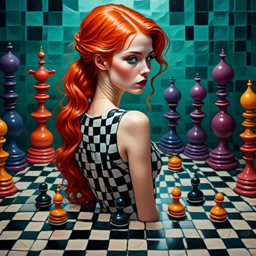 Prompt: <mymodel>(cartoony woman who looks like a chess queen), surreal chess set, whimsical and imaginative, vibrant colors, high contrast, dreamlike atmosphere, intricately detailed chess pieces, each piece uniquely styled, floating tiles, misty background, half-lit ambiance, mystical, cinematic quality, 4K resolution, ultra-detailed visuals, artistic and imaginative, playful and whimsical, eccentric backgrounds, extraordinary elements