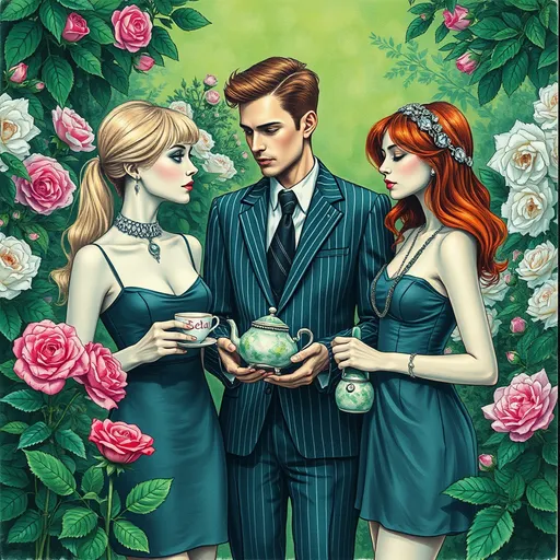 Prompt: Three person portrait of man in striped suit and (very different looking) women in short dress and short minidress staring at each other in the confines of a charming English rose garden . Green and black tones. Ink drawing. Acrylic, gouache, colored pencils, watercolor, mixed media. Charming FULL BODY portrait of two very slender pale blue eyed blond-brown-pink-reddish haired  beautiful females who (hold tea cups)  looks like actress Claudia Jessie and receivable Ferguson , silver choker, square neckline , long necklace with long dangling jewel headband. The man is tall, very slender (and holds an oversized tea pot in his hands). Styles by Steve hanks, Robert Maguire, Milo manara, are merged together fluidly. vibrant, high-contrast art, 4k, detailed, rose garden , impressionist, modern, vibrant colors, artistic chaos, surreal lighting