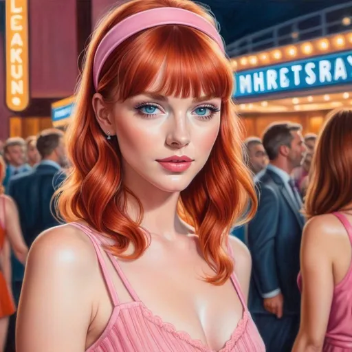 Prompt: Colored pencil drawing, close-up portrait, slender redhead with pale blue eyes, bangs, wearing a headband, standing in line for the theater, leggy pink ribbed minidress, high heels, detailed facial features, vibrant colors, professional art style, warm lighting