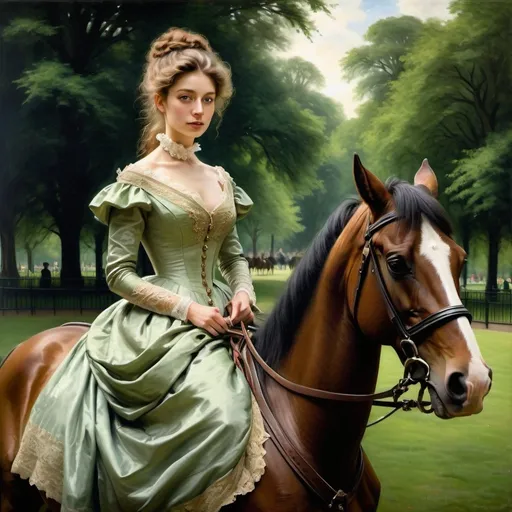 Prompt: Victorian beauty riding a horse through a London park, oil painting, Rembrandt style, detailed facial features, elegant gown, lush greenery, high quality, realistic, oil painting, Rembrandt style, Victorian era, detailed facial features, elegant gown, horseback riding, London park, classic, atmospheric lighting