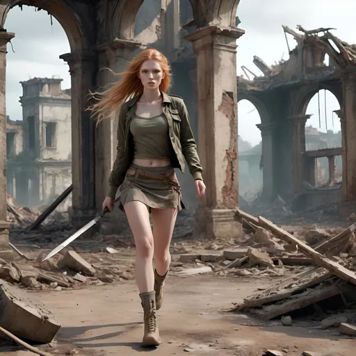 Prompt: Photorealistic, alluring slender (strawberry blonde braid woman) in her late 20s, running through ruins with long sharp spear, very short, thigh-revealing, tight military buttons miniskirt, midriff, matching jacket, long legs, combat boots, post-apocalyptic battleground, dreamy ethereal atmosphere, muted color scheme, soft natural lighting, ultra-detailed, 4K, high depth cinematic masterpiece, grim mood, detailed background with crumbling structures and debris, subtle shadows.