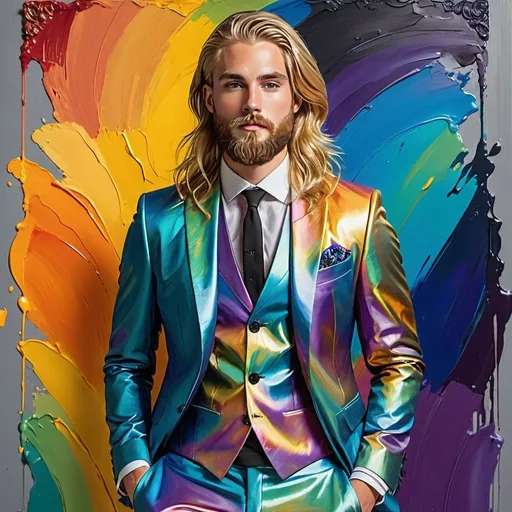 Prompt: 22-year-old man, long blonde hair, beard, full body shot, thick impasto oil illustration, emphasis on rainbow colored suit, large palette-knife strokes, tarot card style, impressionistic, high quality, thick oil paint, detailed clothes, vibrant silver and gold tones, artistic, professional lighting
