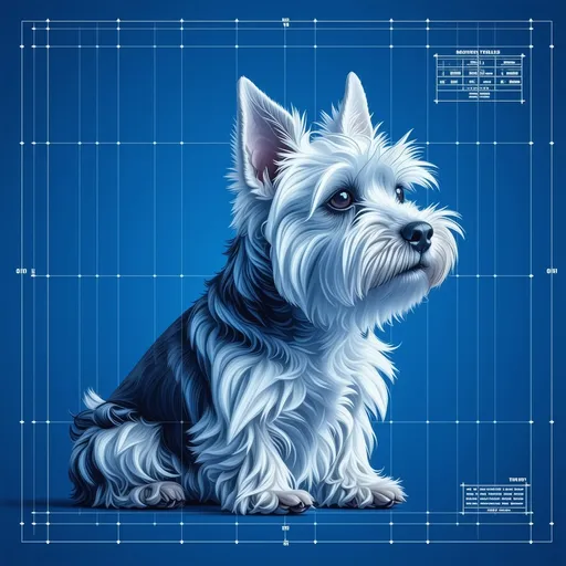 Prompt: Technical blue-colored blueprint sketch of a (Norwich terrier) , detailed line art, precise measurements, innovative design elements, various angles and components, clean layout, intricately labeled parts, minimalist style, monochromatic scheme, high-quality illustration, ideal for product conceptualization, suitable for professional presentations.