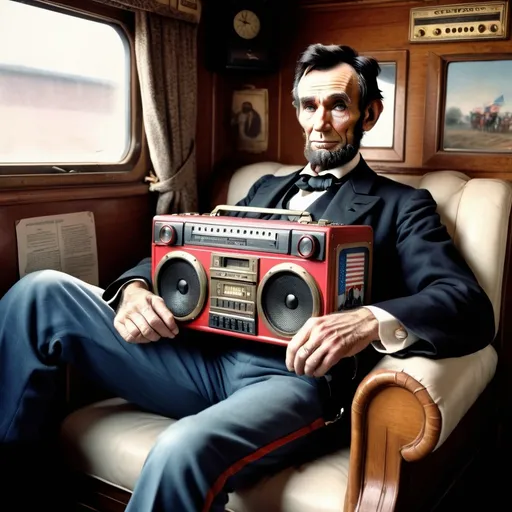 Prompt: Abraham Lincoln holds 1980s boom box on his lap. His presidential steam train, civil war union soldiers, mounted cavalry, 1980s boombox, vintage, historical, detailed, realistic, civil war era, old-fashioned, patriotic, high quality, traditional art style, antique color tones, natural lighting