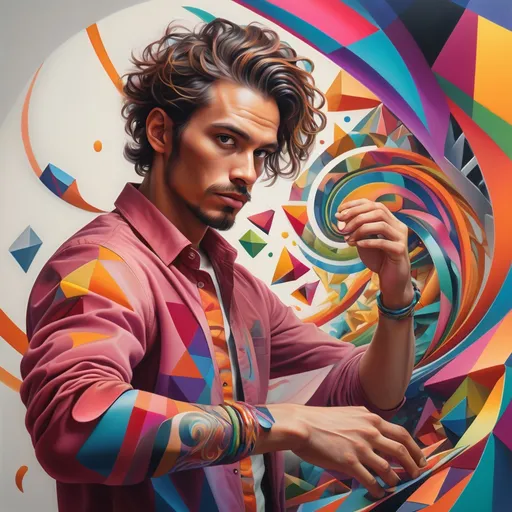 Prompt: (photorealistic), a man in a striking pose, vividly adorned with (colorful geometric shapes) swirling in the background, inspired by the artwork of Android Jones, transforming the scene into a highly detailed digital painting. Emotive dynamic composition, showcasing vibrant colors and a creative ambiance. Captivating and lively atmosphere, inviting the viewer into an ultra-detailed world filled with energy and visual depth.