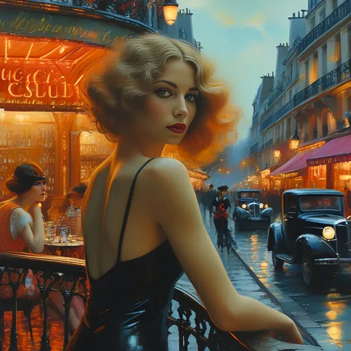 Prompt: (surrealism style full body portrait), vibrant color scheme, enchanting (1922 Paris) scene, shadowy streets at night, alluring jazz club glowing in the distance, elegantly dressed people in the background, fluttering French flag, sleek vintage car parked nearby, captivating portrait of a blonde woman and man on a balcony, highly detailed facial features, relaxing outside a charming café, moody atmosphere filled with jazz music. 4K, ultra-detailed.