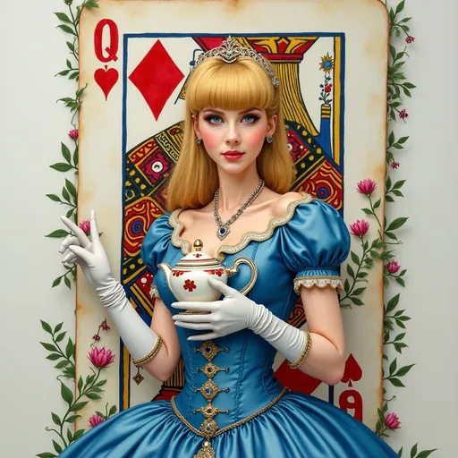 Prompt:  (vibrant colors), horizontal composition, 30-year-old princess with (blonde bangs) and (slender small waist), dressed in a (blue empire dress), inspired by Claudia Jessie from Bridgerton, (holding a teapot with glamorous gloves), emerging from a life-size 3D playing-card canvas, whimsical ambiance, intricate background details, ultra-detailed, high-quality visuals.  Colored inks, watercolor, gouache, multimedia, colored pencil, surreal.