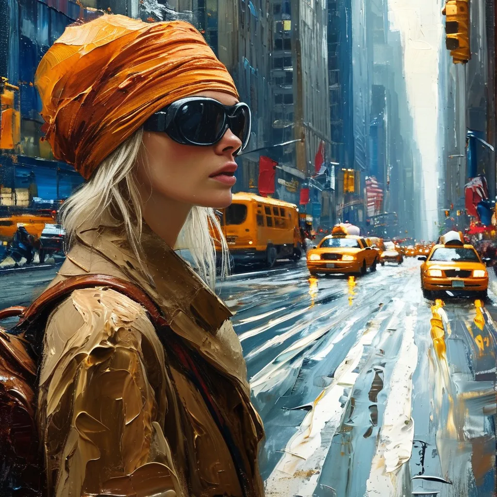 Prompt: a thick oil painting painting of a slender thirty year old blind woman with blonde hair, guide dog, on busy city street. Taxis in background, tall buildings in background.