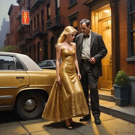 Prompt: A cabdriver helps  a Drunken blonde female debutante in bright gold sequined party dress up to her New York City front door,  oil painting, desolate surroundings, gritty realism, dark and somber tones, dramatic lighting, ultra-detailed, emotive, expressive faces, brownstone building in the background, reflective lighting, oil painting, desolate, gritty, dramatic lighting, somber tones, expressive faces