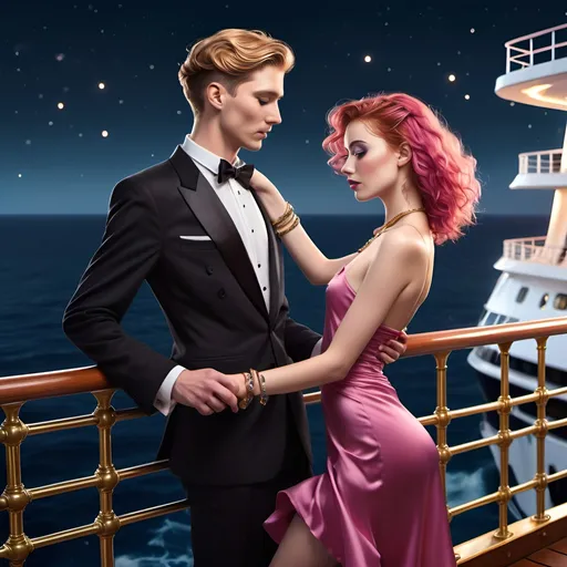 Prompt: A slender confident man  in tuxedo suit helps  an attractive but Drunken (small breasted slender pink-red wavy hair woman, 25, lots of bracelets and necklaces, dark purple satin skirt, midriff) woman as she stands leaning over the cruise ship’s brass railing,. Background Dancing on deck. Ocean. Stars at night.
