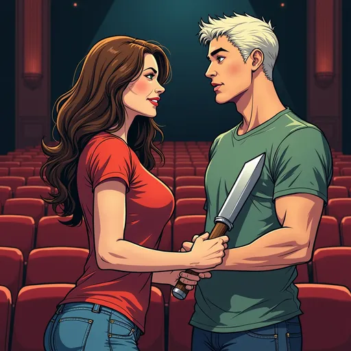 Prompt: (2D comic book art), older 30 year old smiling woman seen in profile with (pale skin), (long brown wavy hair), piercing (green eyes), slender body, wearing a vibrant red and green t-shirt, handing a large metal cleaver to a tall young man with (short faded white hair), gray shirt, jeans, (beautiful and attractive), empty movie theater background, dynamic poses, colorful, stylized characters, dramatic lighting, high quality. 