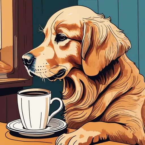 Prompt: 1950s sharpie drawing of a golden retriever, colorful, realistic fur texture, holding a coffee cup, vintage style, warm color palette, detailed features, classic art style, cozy atmosphere, high quality, detailed, vintage, warm tones, realistic, classic, cozy, sharpie drawing, colorful, retro, coffee cup, detailed fur, nostalgic vibe, warm lighting