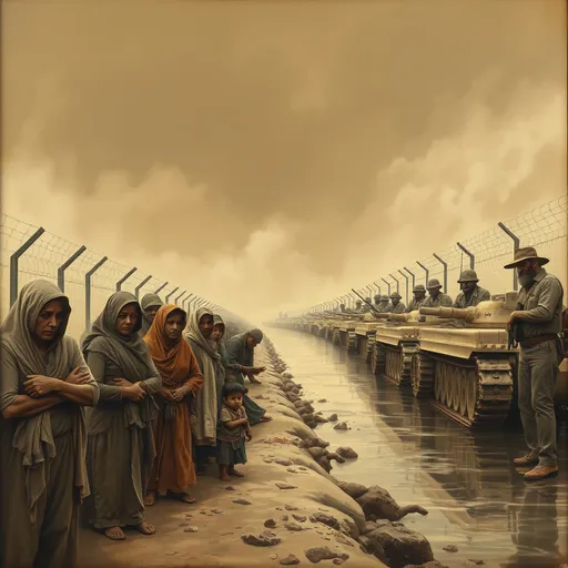 Prompt: Migrant Latino workers, including women and children, waiting sadly and helplessly on one side of the Rio Grande River, vintage style sepia oil painting, soft focus, nostalgia, sepia tones, emotional atmosphere. Their clothes are tattered. They are in despair.

On the other side, in contrast, there is an imposing backdrop of American tanks, barbed wire, bearded men with guns, capturing the tension and urgency of an angry American Caucasian citizenry, highly detailed, masterpiece quality, evocative and poignant storytelling.