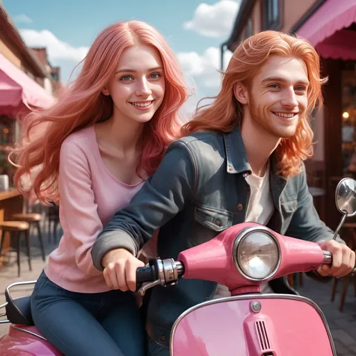 Prompt: Portrait of a 25-year-old blond English man at a cozy cafe, detailed red-haired smiling French woman with long hair driving a pink Vespa, waving to each other, high quality, game-rpg fantasy style, detailed characters, vibrant colors, cheerful atmosphere, cinematic lighting