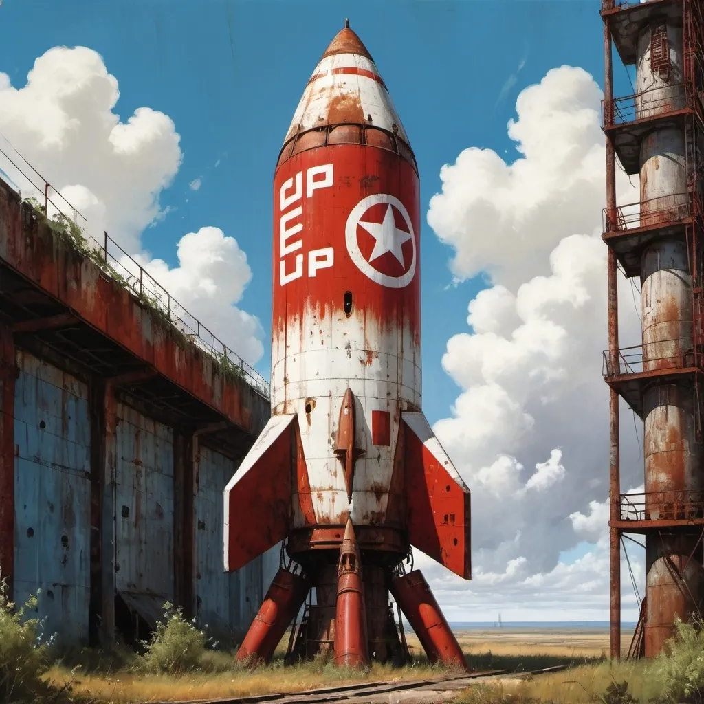 Prompt: a large battered red and White Russian 1950s space rocket full emerged from a rusty overgrown rundown nuclear silo with a blue sky and clouds background, Enki Bilal, nuclear art, dieselpunk, cyberpunk art, retro-sci fi, Cyrillic typography CCCP