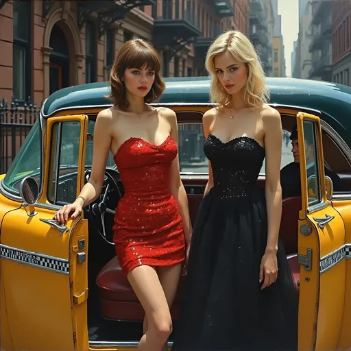 Prompt: In the oil painting style of James Avati. Two Drunken slender female debutantes in bright sequined party dresses are getting onto a yellow cab driven by a cabbie from the 1950s. One female has brown bangs hair and wear a red minidress, the other female has blonde chin length hair and wears a full length black gown. New York City side street,  oil painting, desolate surroundings, HD detailed facial features, gritty realism, dark and somber tones, dramatic lighting, ultra-detailed, emotive, expressive faces, brownstone building in the background, reflective lighting, oil painting, desolate, gritty, dramatic lighting, somber tones, expressive faces