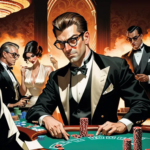 Prompt: Angry man in dinner jacket playing blackjack, round glasses, Leyendecker magazine illustration, smoky room, blackjack table, card dealer, other men at table, night, vintage, detailed facial expression, classic art style, high contrast lighting, intense atmosphere, casino setting, professional illustration