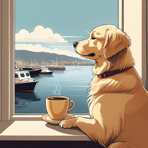 Prompt: Manga style Golden retriever having a cup of coffee and looking out the window at a harbor