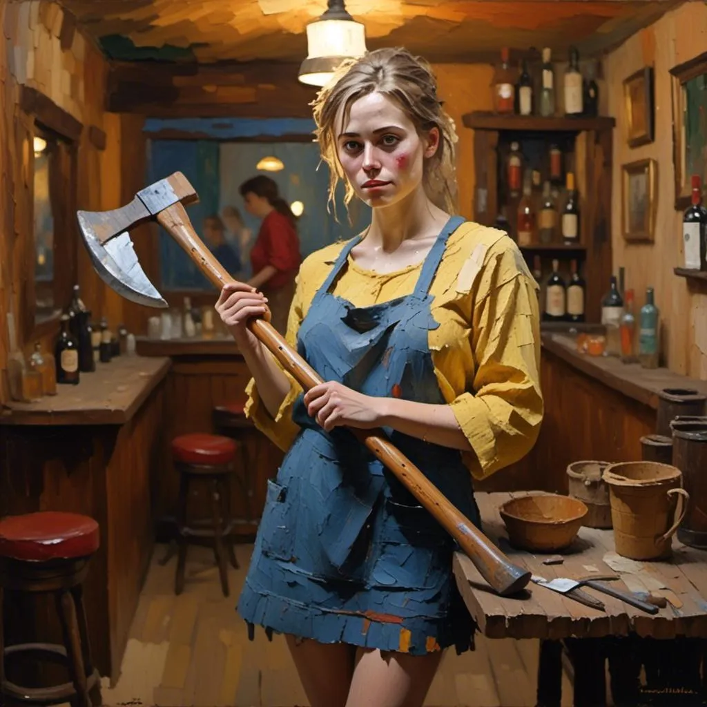 Prompt: <mymodel>thick impasto oil portrait of woman with axe in tavern, bumpy brush strokes