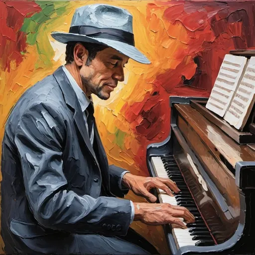 Prompt: thick impasto oil painting of man in fedora playing the piano, thick bumpy paint strokes