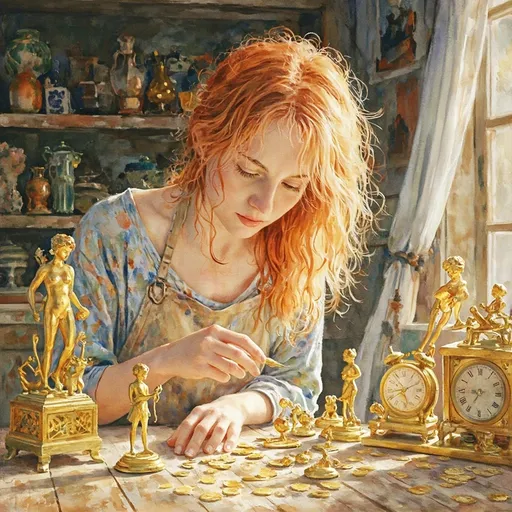 Prompt: Dreamy watercolor illustration. Close-up portrait. A 35 year old messy reddish blonde-haired woman sorts gold antique figurative statues, gold clockwork timepieces and gizmos, gold coins. Macro shot. Whimsical beachcomber style. Soft brushstrokes on reddish-blonde messy hair. Warm light dancing on table covered in gold items. Background with shelves full of gold pottery and statues. Golden hues on wooden floor. Soft, warm golden light. Best quality, highly detailed, vibrant, ethereal, serene, coastal, beachy, whimsical, dreamy, watercolor texture, impressionist.