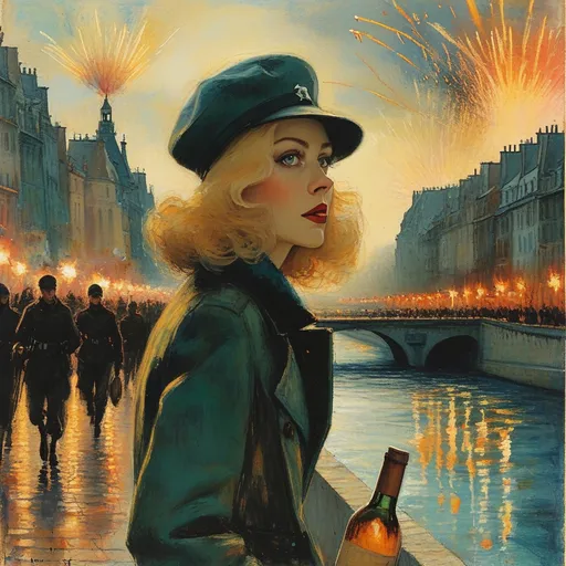 Prompt: (Abstract impressionistic colored ink drawing ), vibrant color scheme, (1941  Paris), shadowy streets at night with German tank in distance , soldiers in background, tattered French flag, portrait of a wavy blonde green eyed woman in fashionable boots drunkenly walking along the Seine river with a bottle of wine  (highly detailed facial features) search lights streaking through a tumultuous sky, vivid explosions lighting the dark atmosphere, bombed and ruined structures surrounding the scene, (dramatic), chaotic ambiance, high contrast between shadow and colorful explosions, (ultra-detailed), evocative imagery, sense of urgency and dread.