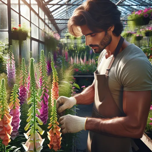Prompt: A handsome man works in a greenhouse overflowing with colorful foxglove plants.