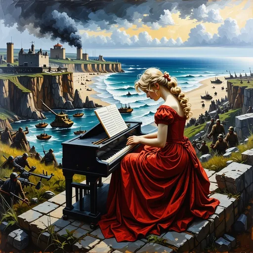 Prompt: (thick impasto oil painting), (dark color scheme), (surrealism style), a sad, devastated blonde pianist in a long red gown is in the foreground (aerial angle) as she plays on a bluff during the D-day Normandy invasion. Battle Chaos on the beach below.