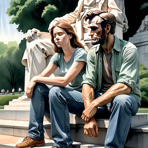 Prompt: watercolor style, muted color palette, A man and woman, (wearing jeans and t-shirts), weeping at the feet of the giant statue of Abra, (Lincoln Memorial in the background), (statue of Lincoln towering majestically), emotional atmosphere, (somber and reflective mood), inviting viewers to feel empathy, lush greenery surrounding the monument, gentle lighting enhancing the melancholic scene, ultra-detailed, HD.